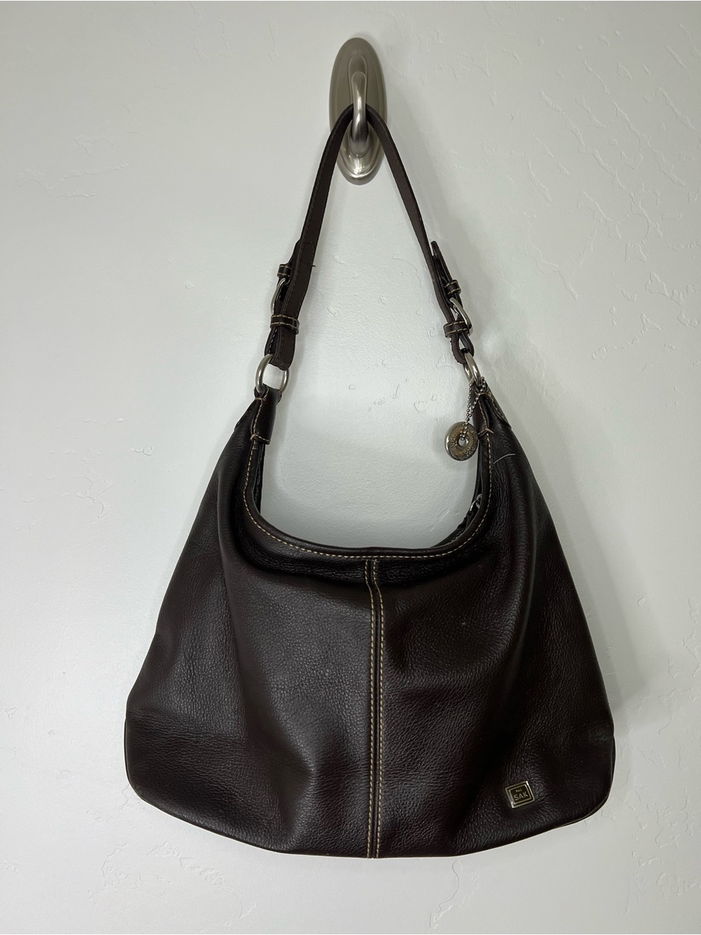 The Sak Dark Brown Leather Hobo Bag with Contrast Stitching